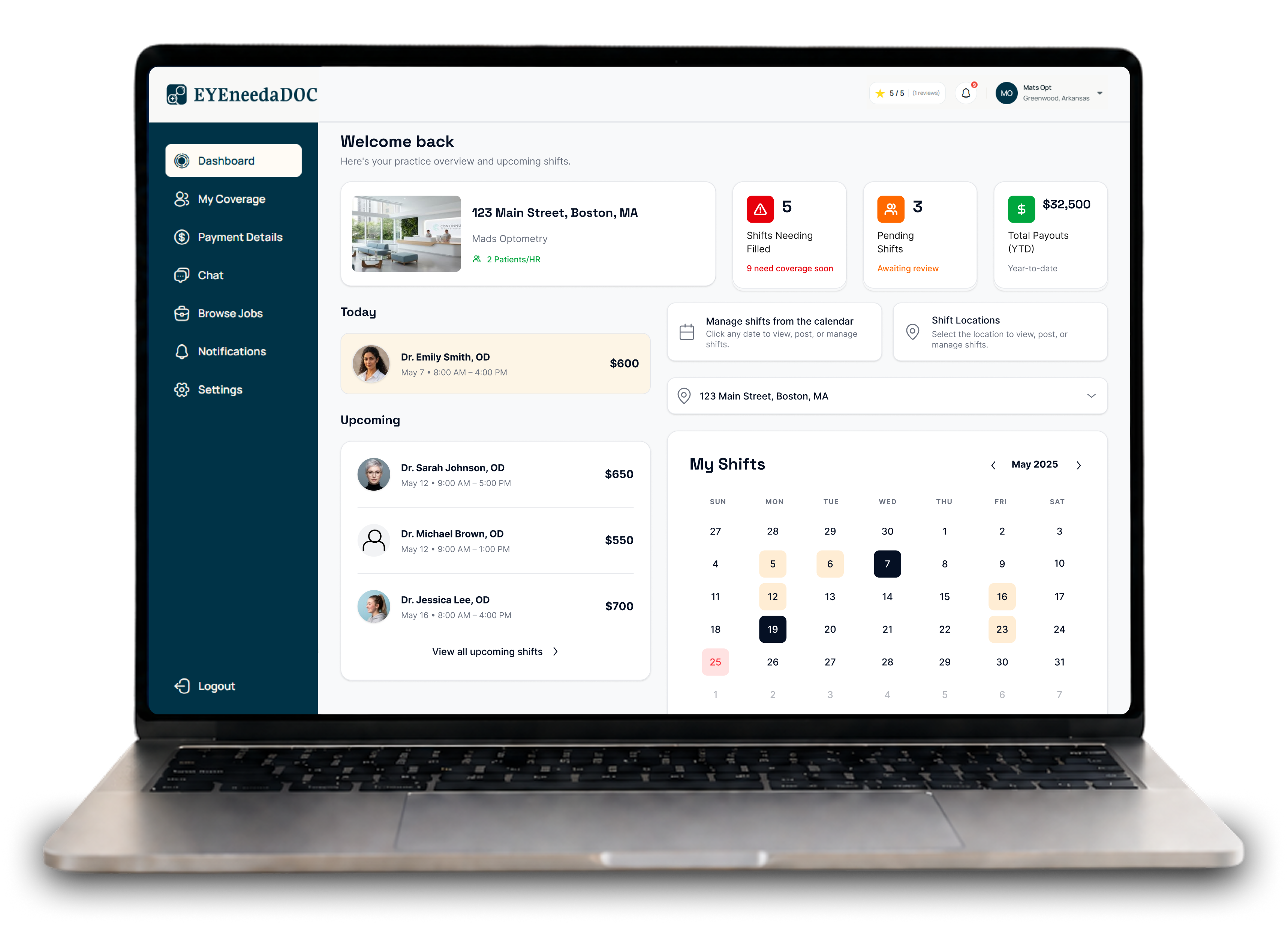 EYEneedaDOC practice dashboard